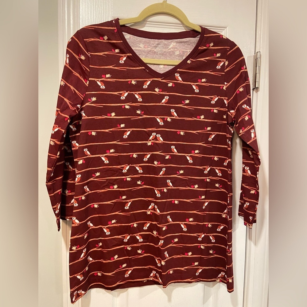 NWT Kim Rogers Perfectly Soft Size S Owl Tree Print 3/4 Sleeve V Neck Tee Shirt